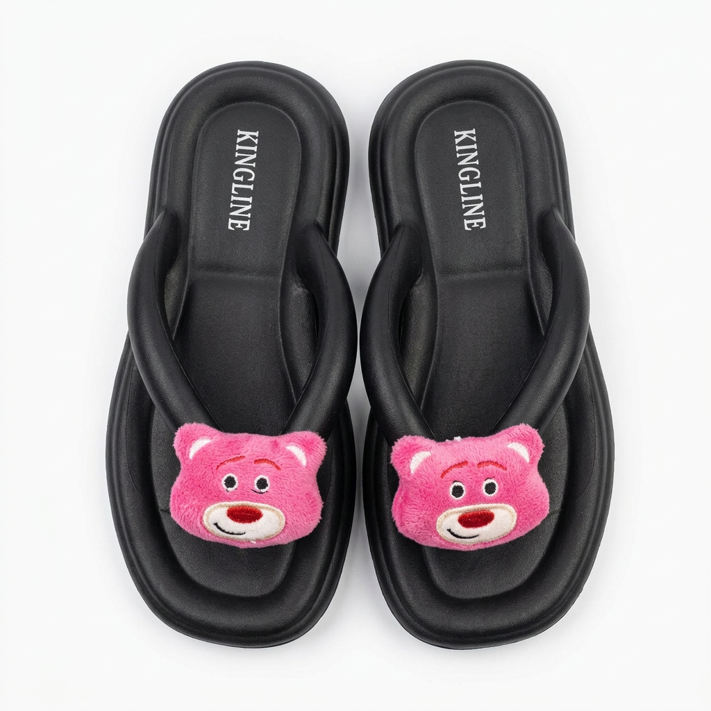 KINGLINE Black Lotso Bear Flip-Flops for Women