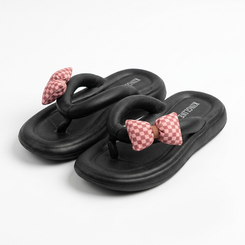 KINGLINE Black Platform Flip-Flops with Plaid Bow for Women