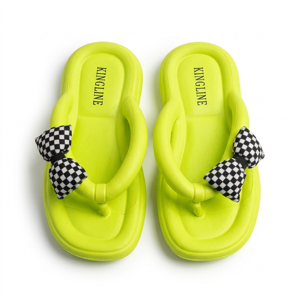 KINGLINE Neon Green Bowknot Flip-Flops for Women