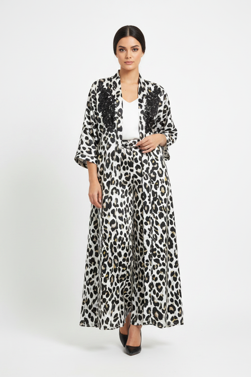 Elegant Woman in White Leopard Co-ord