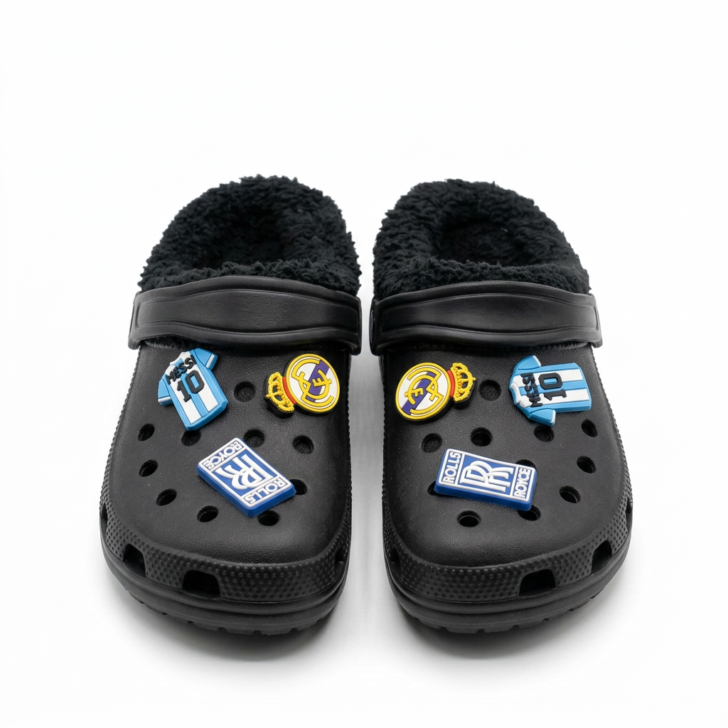Clogs Kids' Fleece-Lined Winter (Black) with Real Madrid, Messi 10 & Rolls Royce Charms.