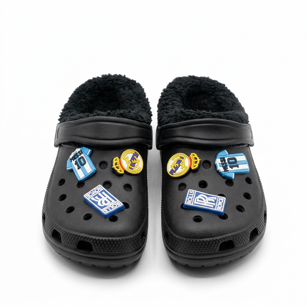 Clogs Kids' Fleece-Lined Winter (Black) with Real Madrid, Messi 10 & Rolls Royce Charms.