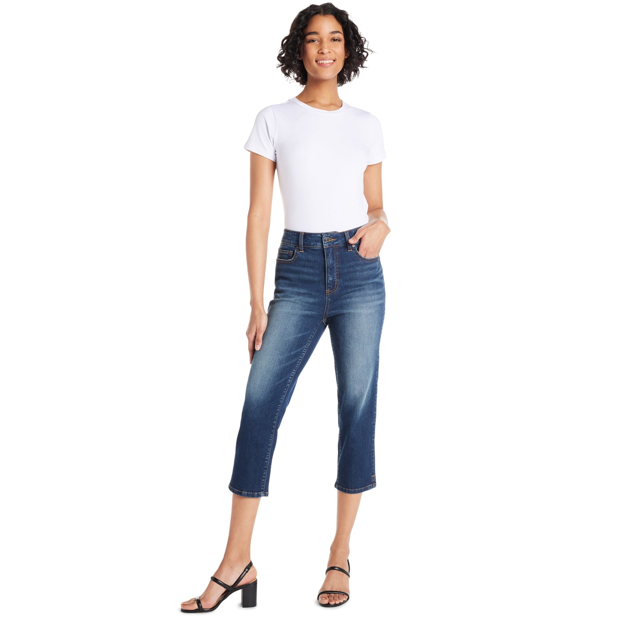 SIZE: S(2-4) - Time and Tru Women's Slim Fit Capri Jeans with Side Slit Hem, 23" Inseam