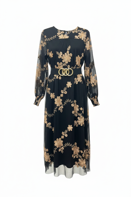 Front View - Black Gold Embroidery Dress