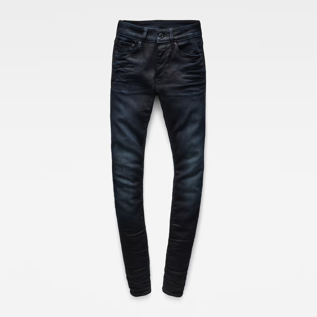 Laid flat view of dark blue skinny jeans highlighting the skinny fit.