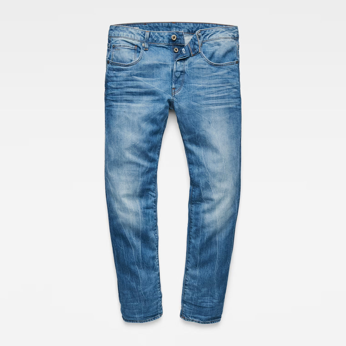 Front view of medium blue straight fit jeans featuring a zipper fly and five pockets on a white background.