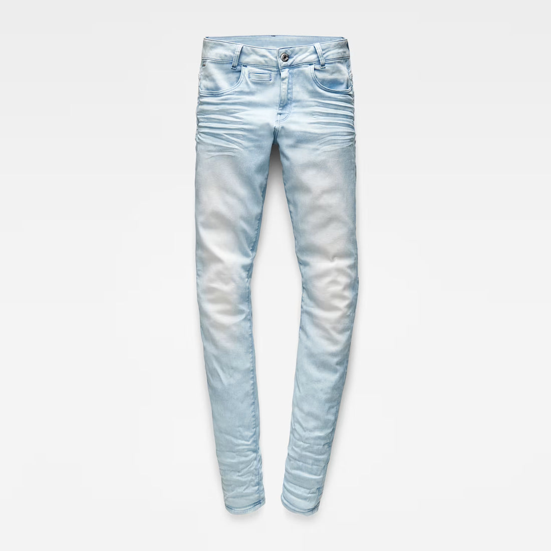 Front view of light blue skinny jeans with a 5-pocket design displayed on a white background.