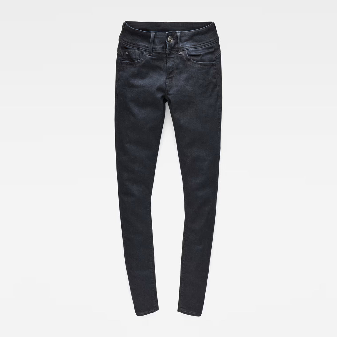 Front view of black super skinny jeans with a super skinny fit and mid-rise on a white background.