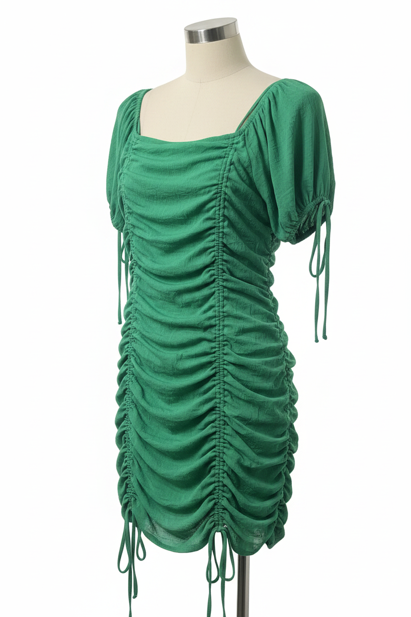 Green Ruched Dress – Three-Quarter