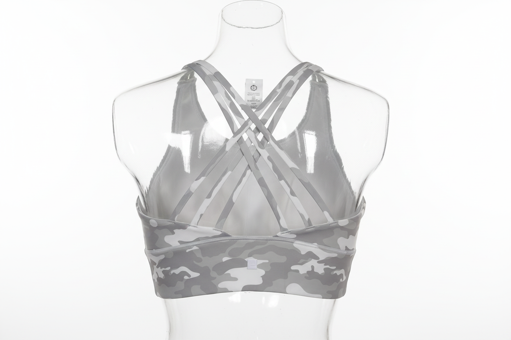 Grey Camo Sports Bra - Four Criss-Cross Straps