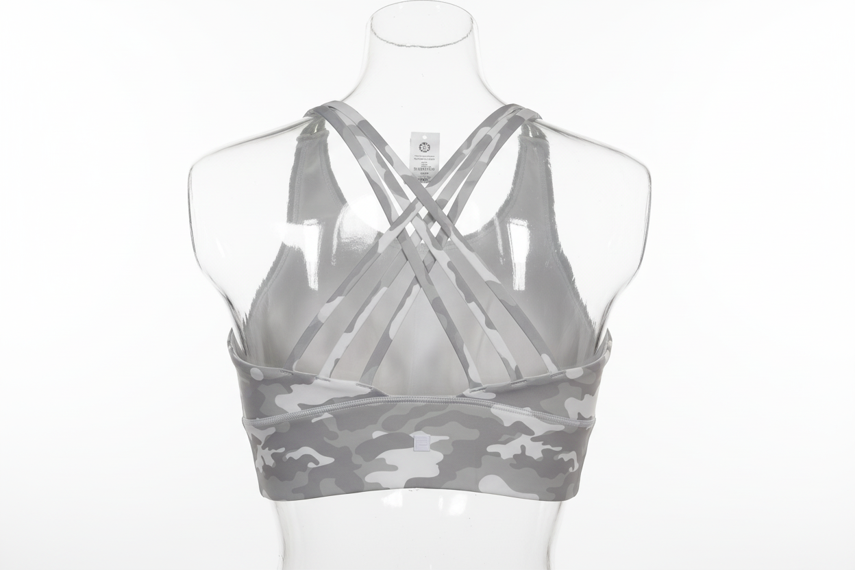 Grey Camo Sports Bra - Four Criss-Cross Straps