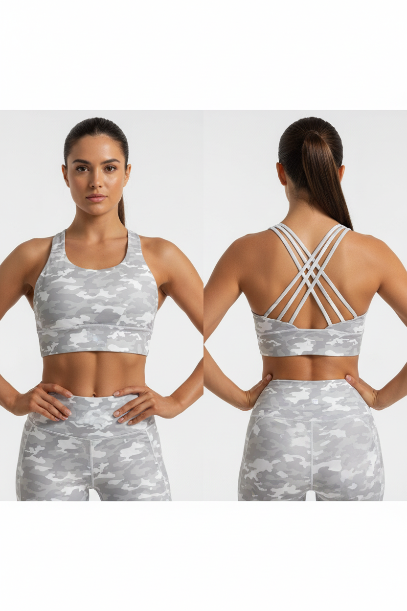 Grey Camo Sports Bra - Model Shot