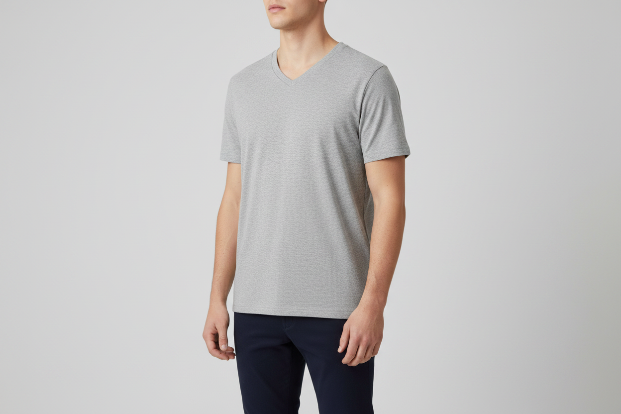 Grey V-Neck Tee — Front-Right 3Q