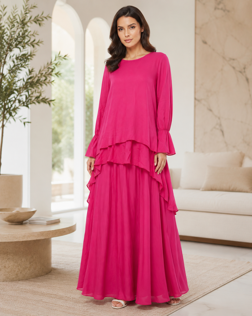 GUESS Women's Tiered Ruffle Maxi Dress - Fuchsia