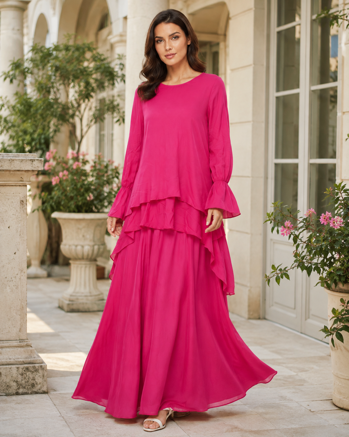 GUESS Women's Tiered Ruffle Maxi Dress - Fuchsia