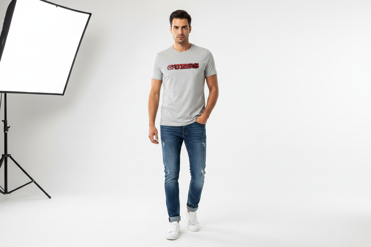 grey GUESS tee with the bold red logo