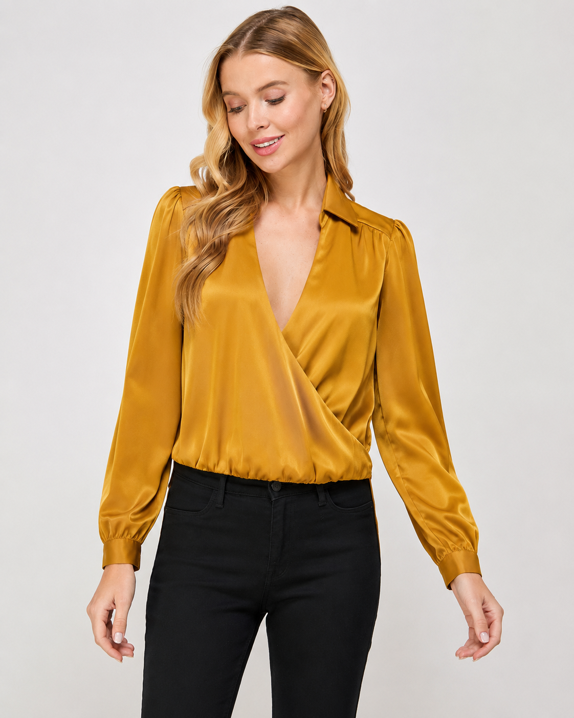 GUESS Women's Gold Satin Wrap Blouse