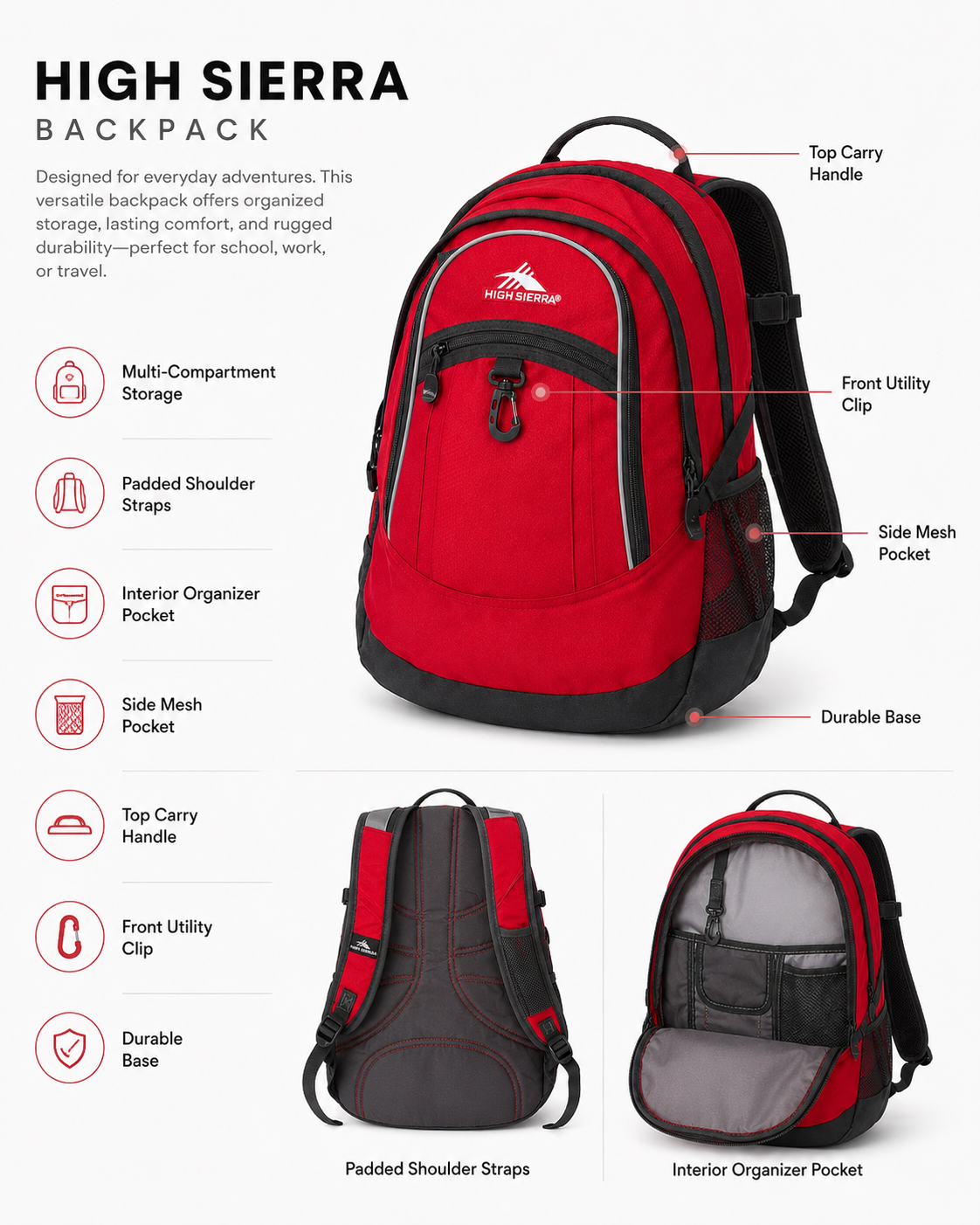 High Sierra Red & Black Multi-Compartment Laptop Backpack