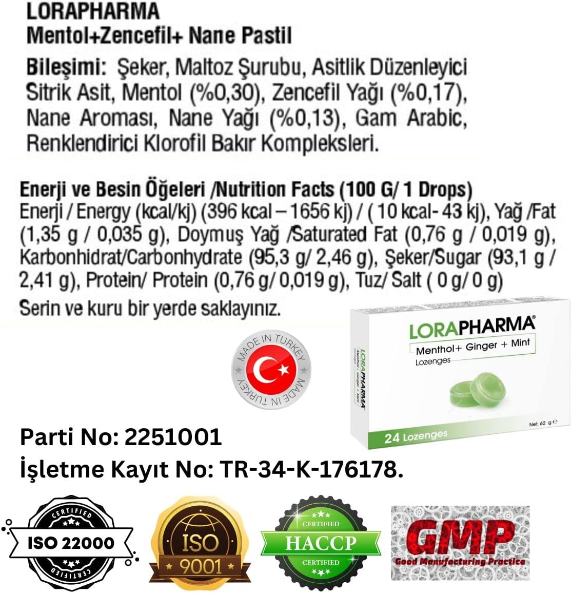 Lorapharma Menthol+Ginger+Mint Flavored Lostille - 24 Pieces