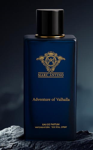 Marc Antino Adventure of Valhalla Eau de Parfum in a deep-blue bottle with gold detailing