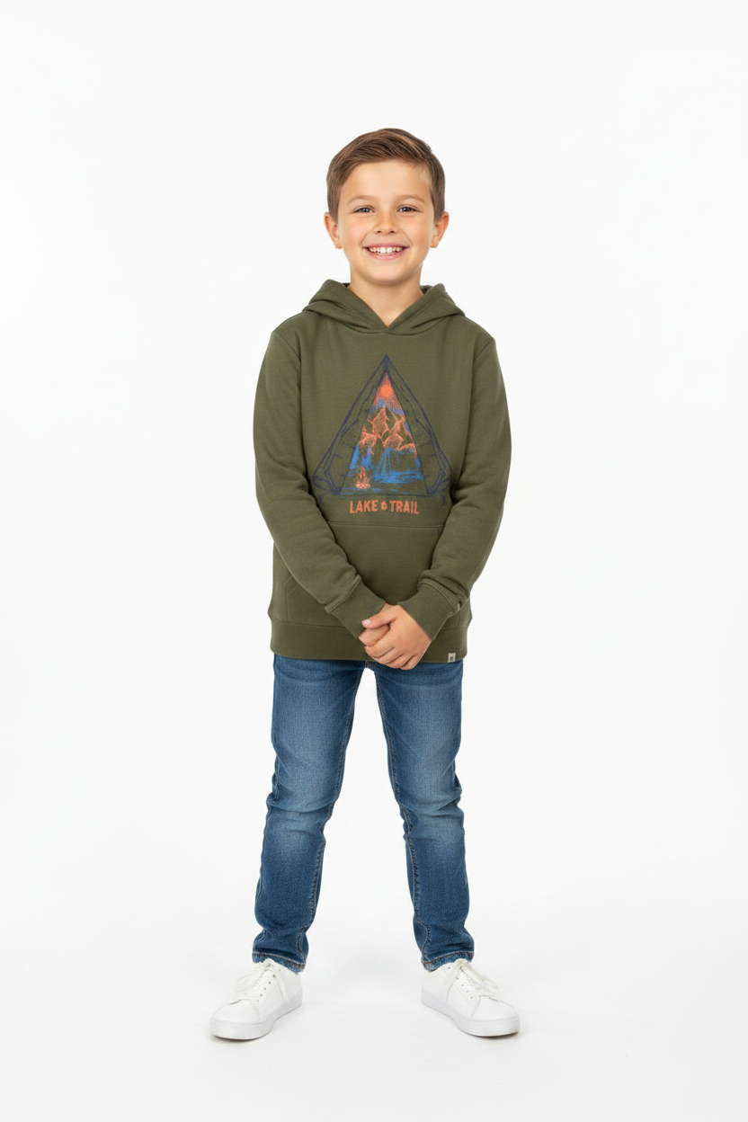 Kid wearing Lake & Trail hoodie