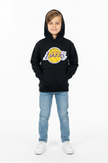 Kid wearing Lakers hoodie front