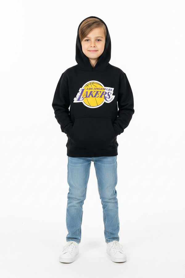 Kid wearing Lakers hoodie front