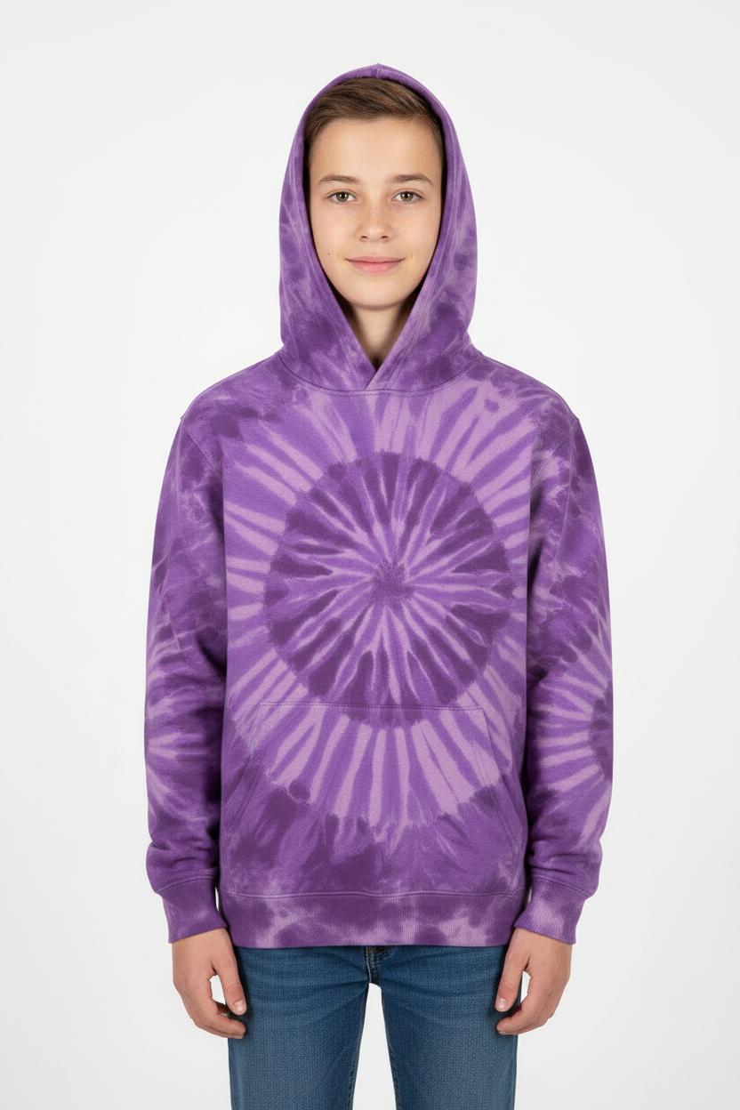 Kid Wearing Purple Tie-Dye Hoodie - Front
