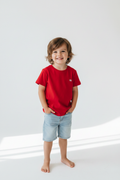 Kid wearing red t-shirt