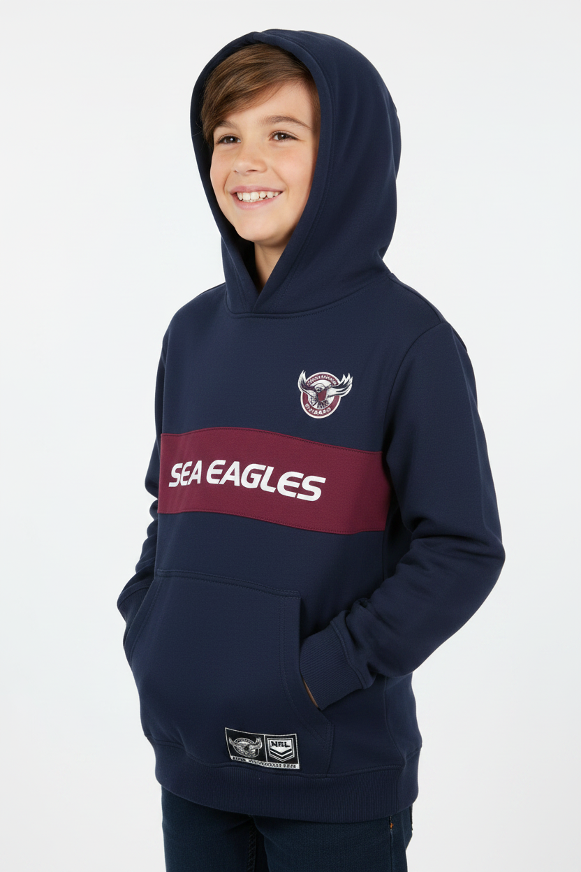 Kid wearing Sea Eagles Hoodie - Hood Up