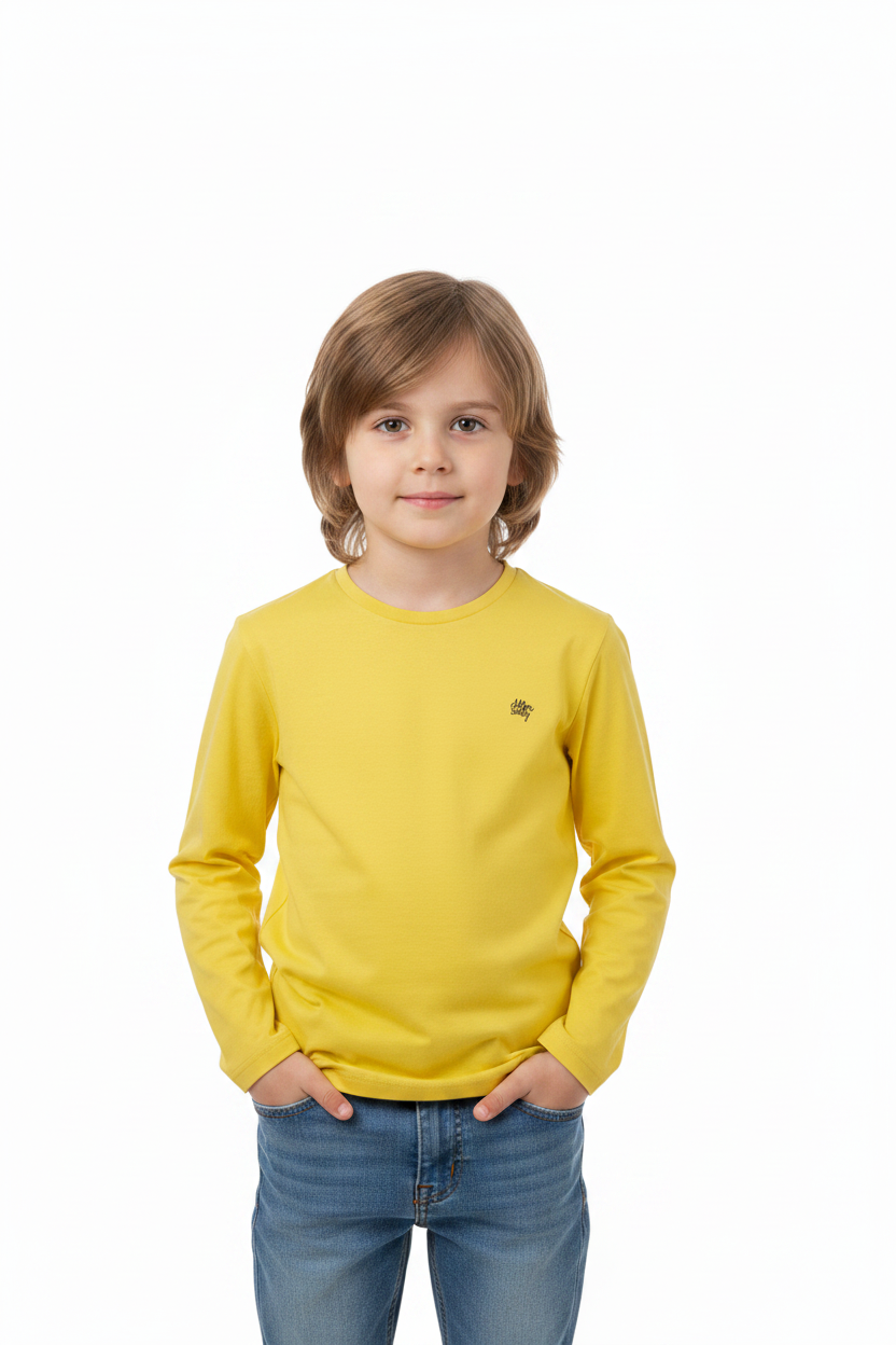 Kid wearing yellow long-sleeve tee