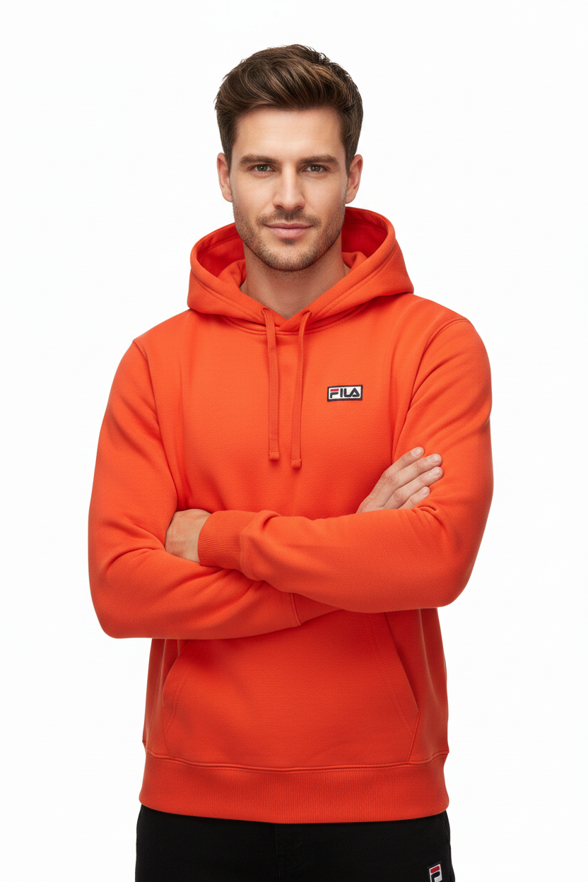 Male model wearing FILA hoodie