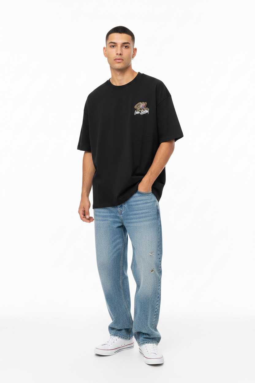 Man Wearing Black Graphic Tee