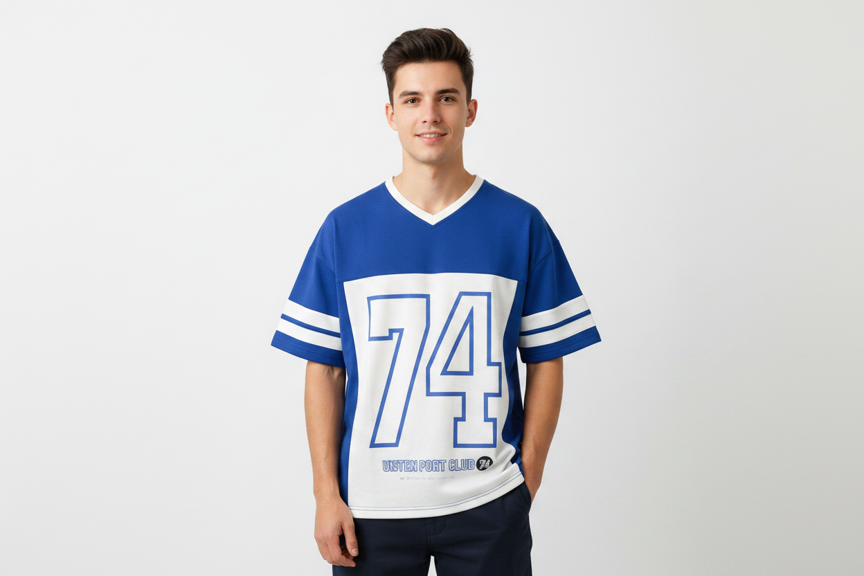 Man wearing Blue 74 Jersey
