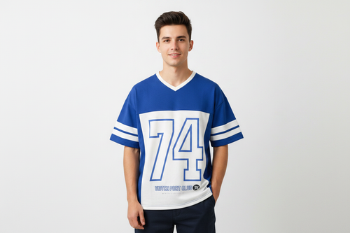 Man wearing Blue 74 Jersey