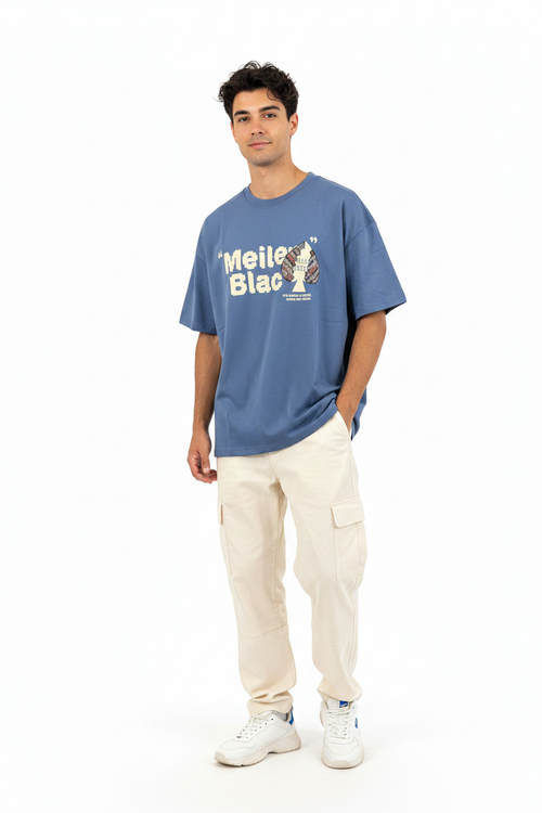 Man wearing blue graphic t-shirt