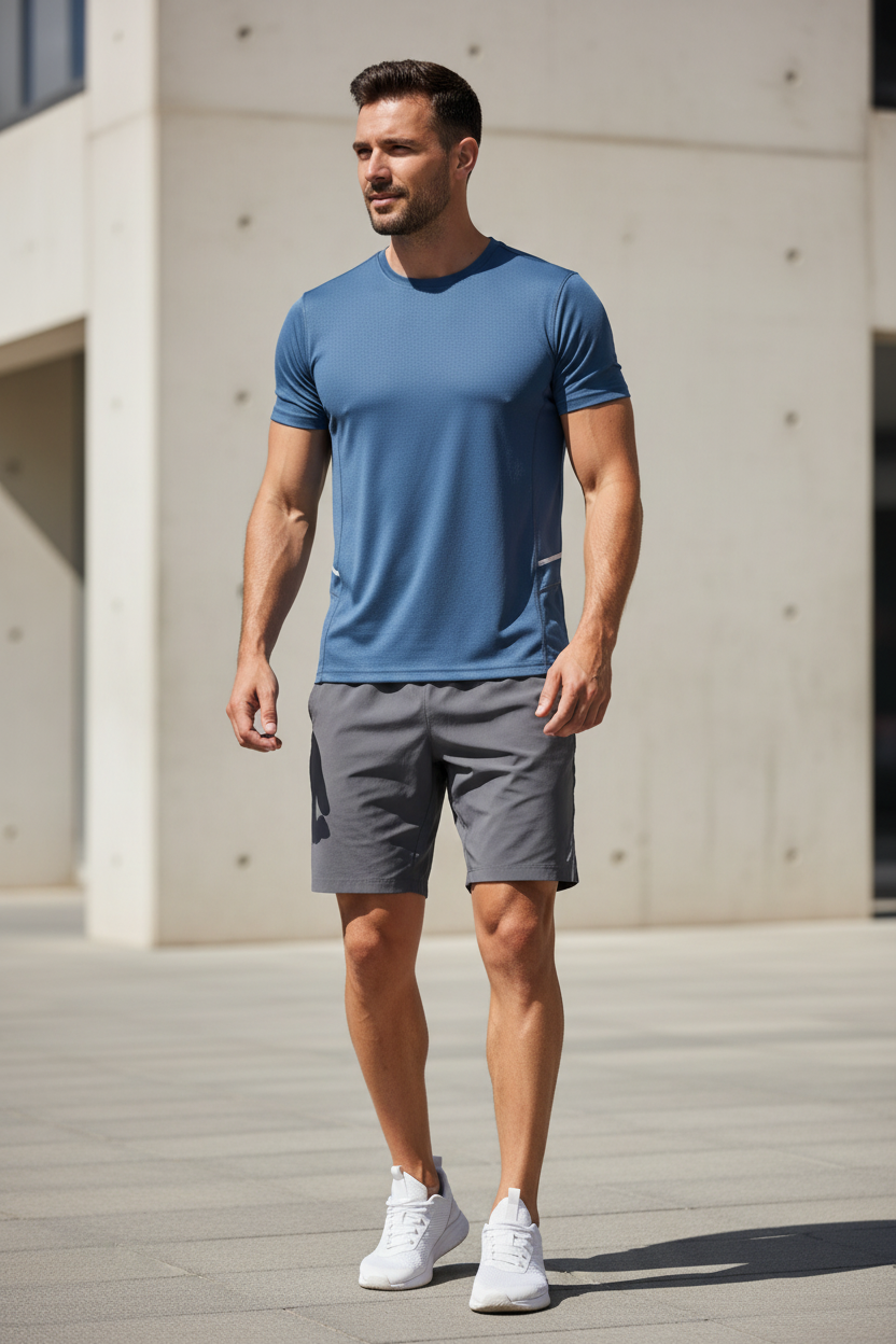 Man wearing blue tee front