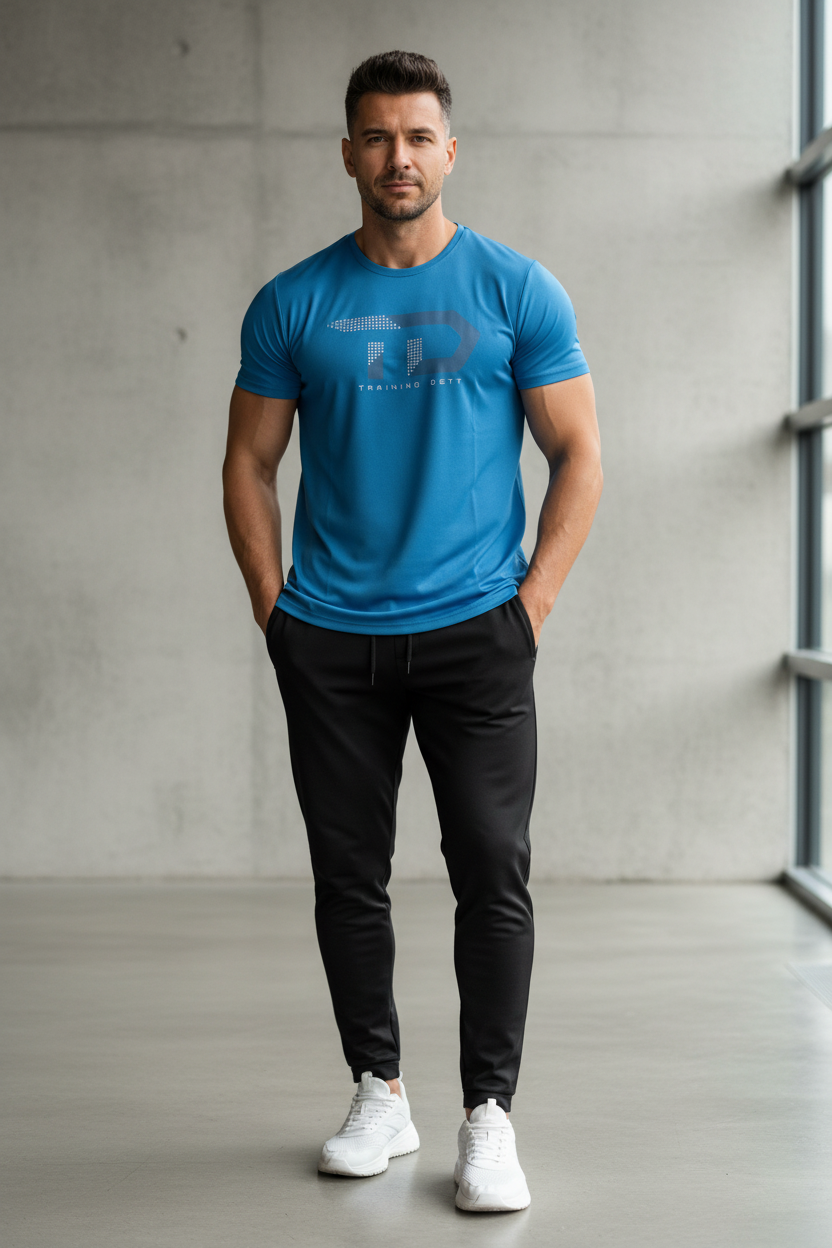 Man Wearing Blue Training Dett Tee
