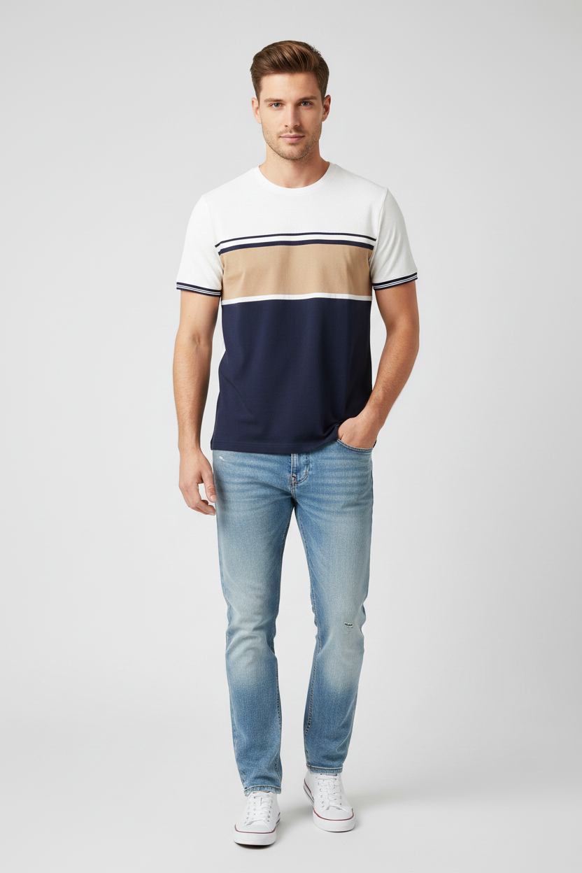 Man wearing colorblock t-shirt