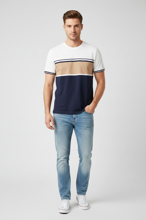 Man wearing colorblock t-shirt