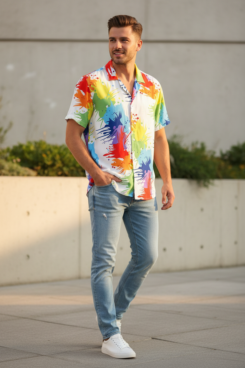 Man wearing colorful paint splatter shirt