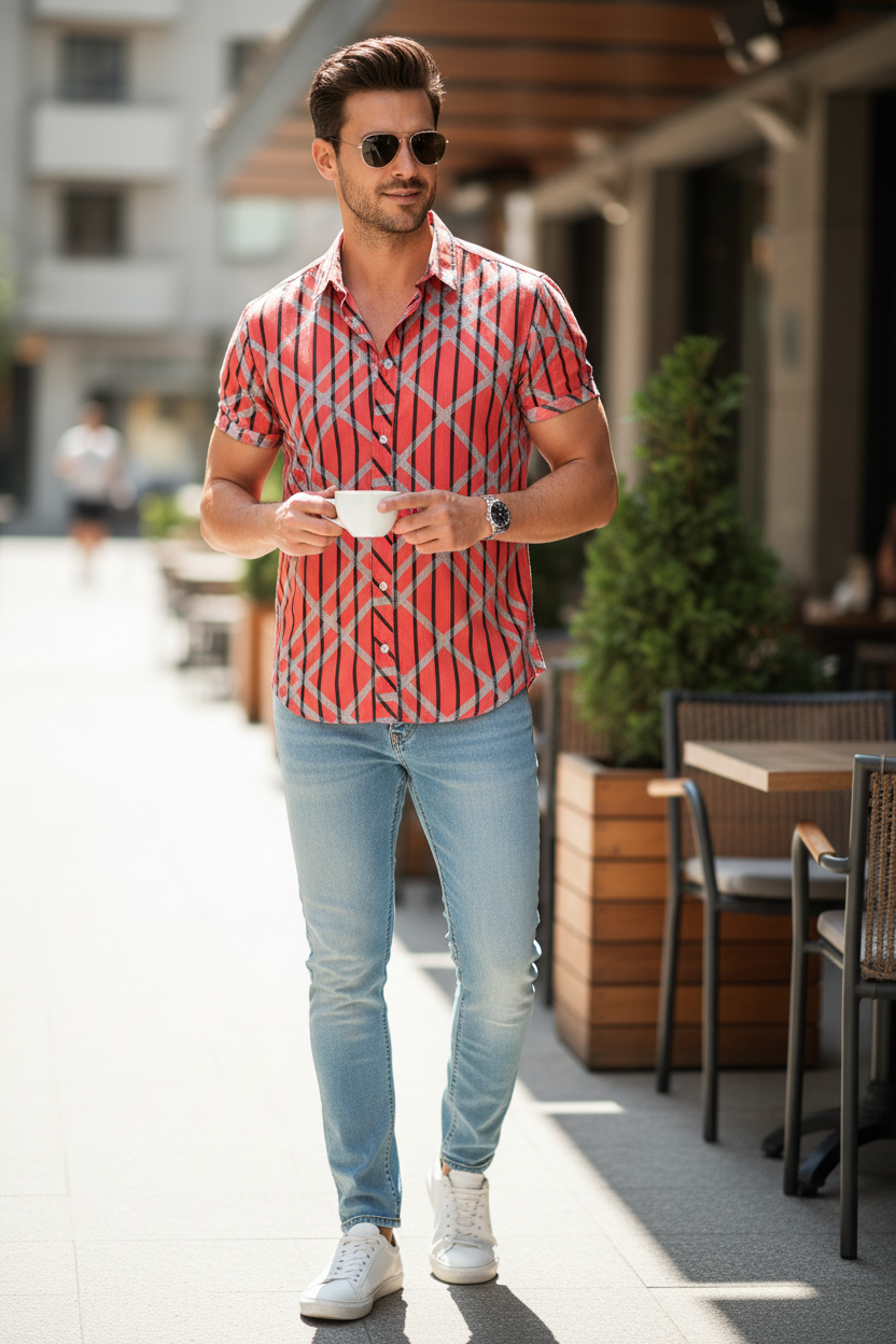 Man wearing coral plaid shirt