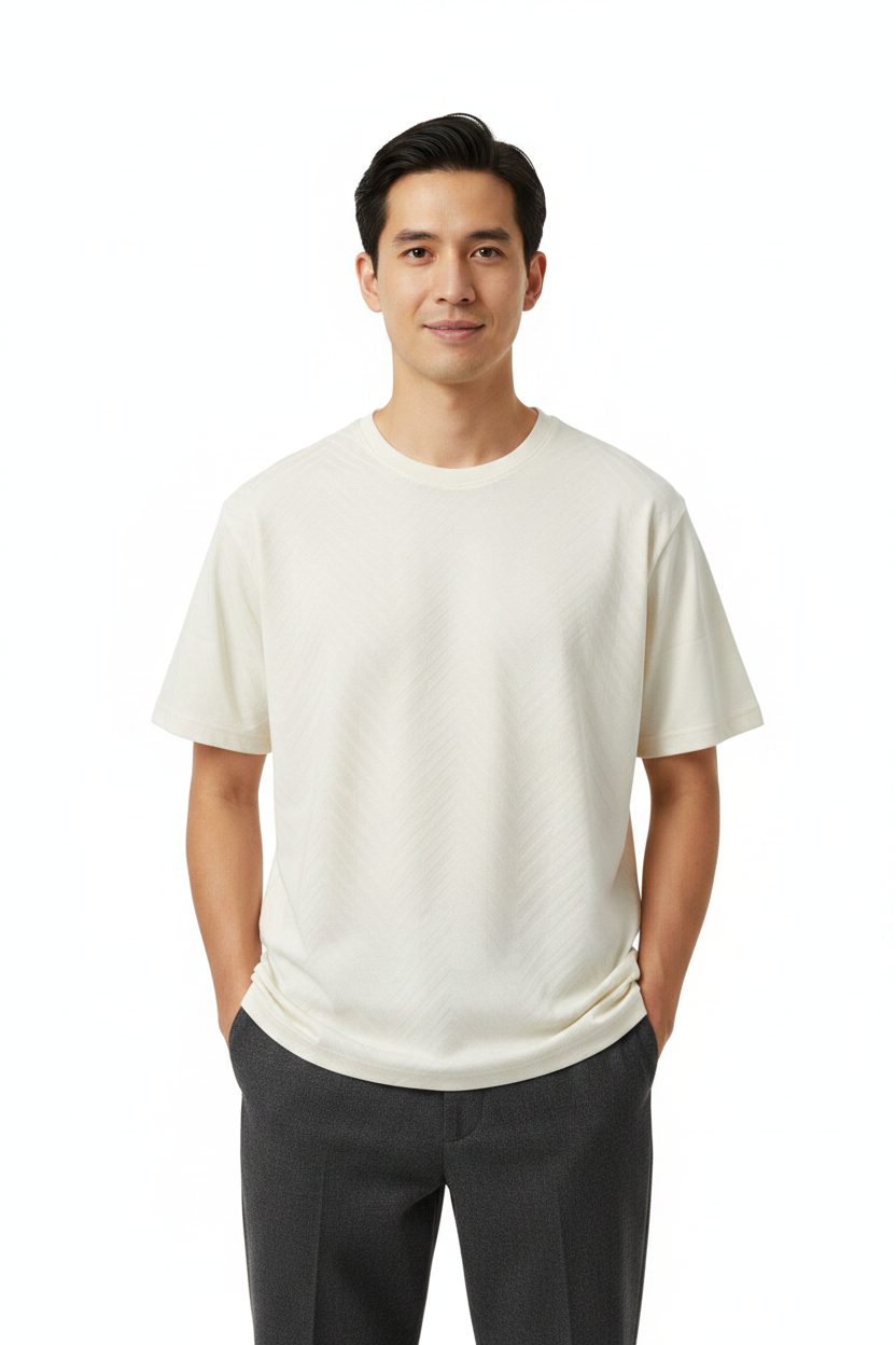 Man wearing cream t-shirt