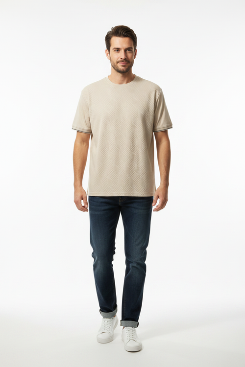 Man wearing cream textured t-shirt