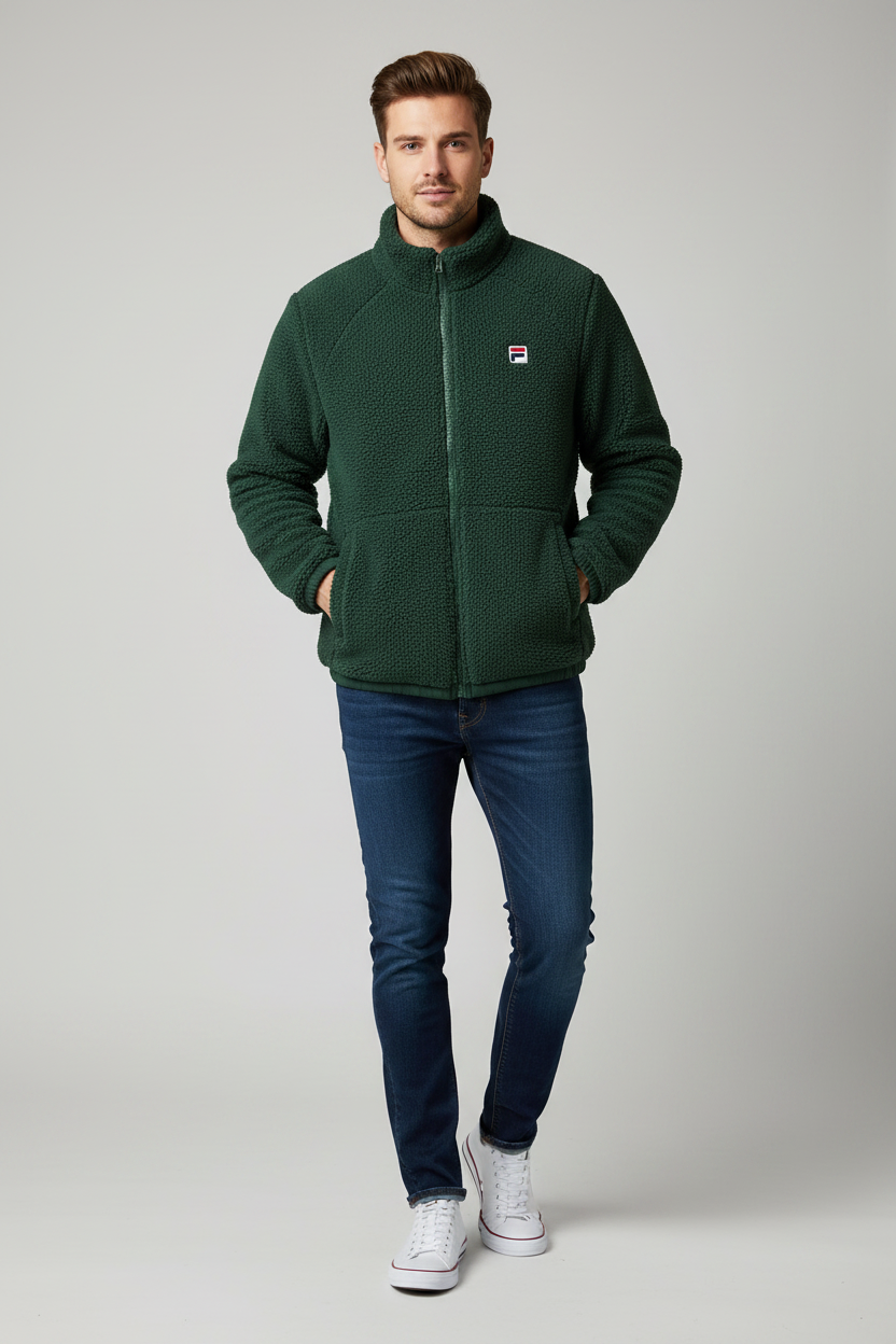 Man wearing green sherpa jacket