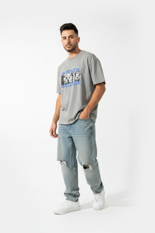 Man wearing Hardsoda Worldwide grey tee