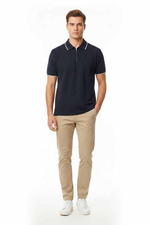 Man Wearing Navy Zip Polo