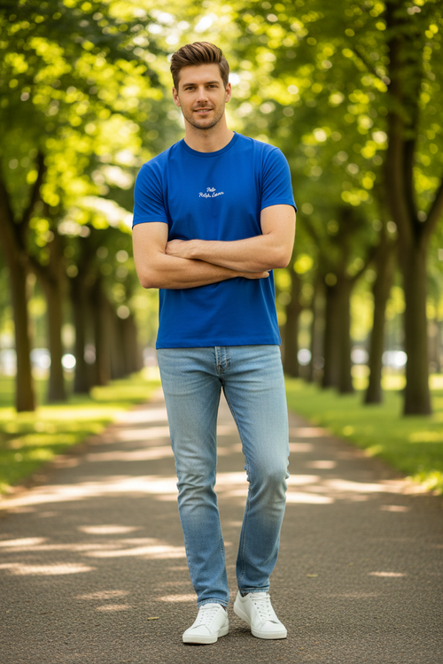 Man wearing Polo Ralph Lauren blue t-shirt