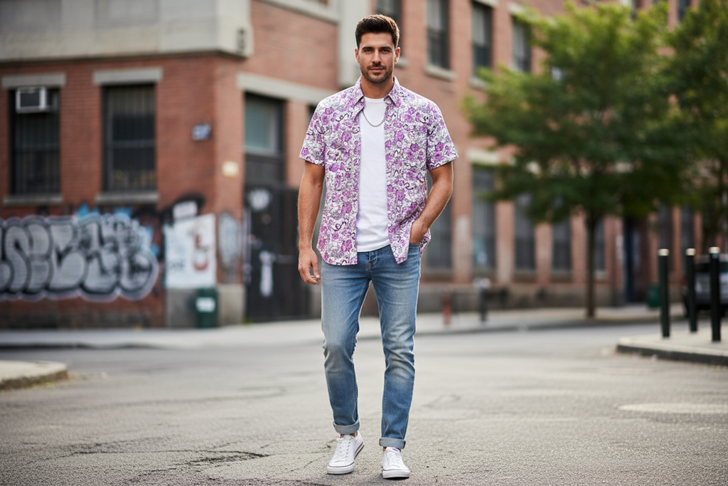Man wearing purple floral shirt