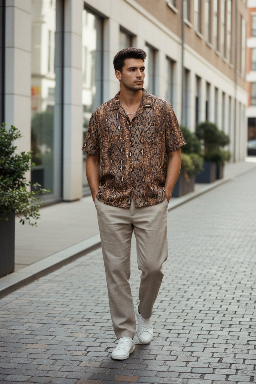 Man wearing snake print shirt